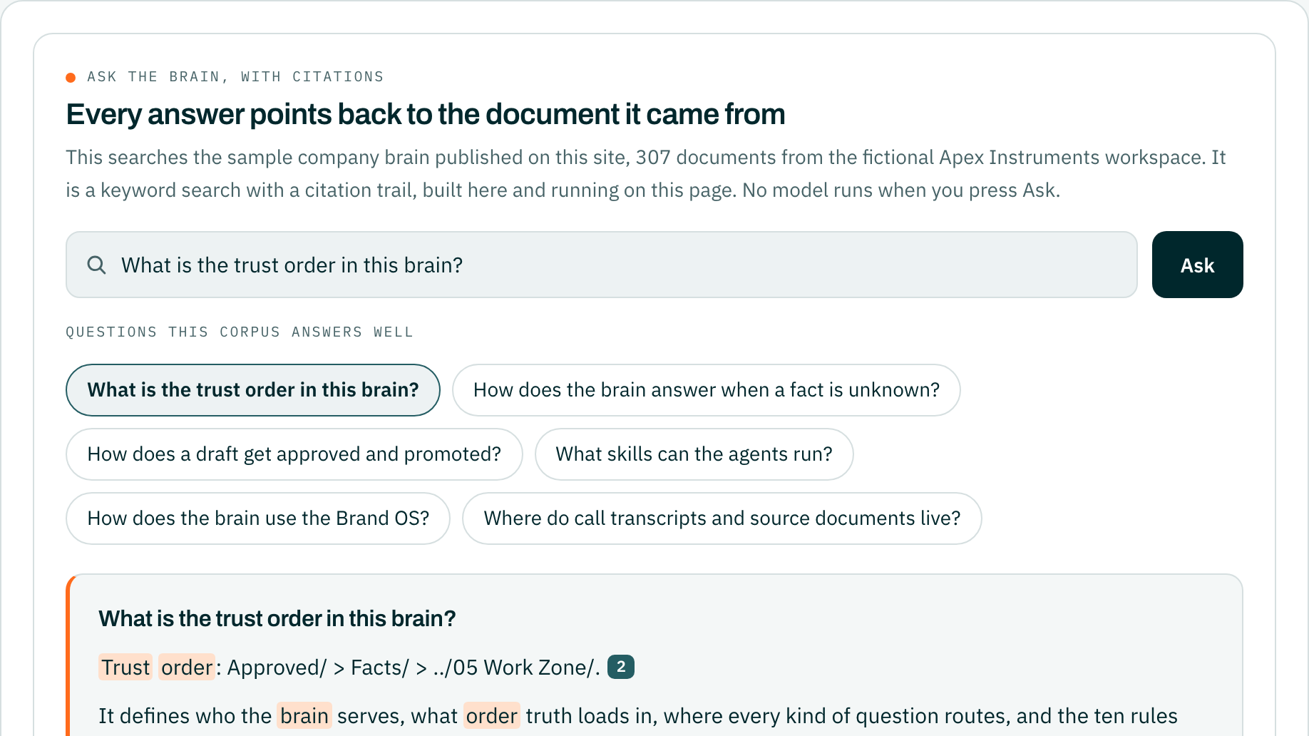 Ask the brain, with citations, generated sample