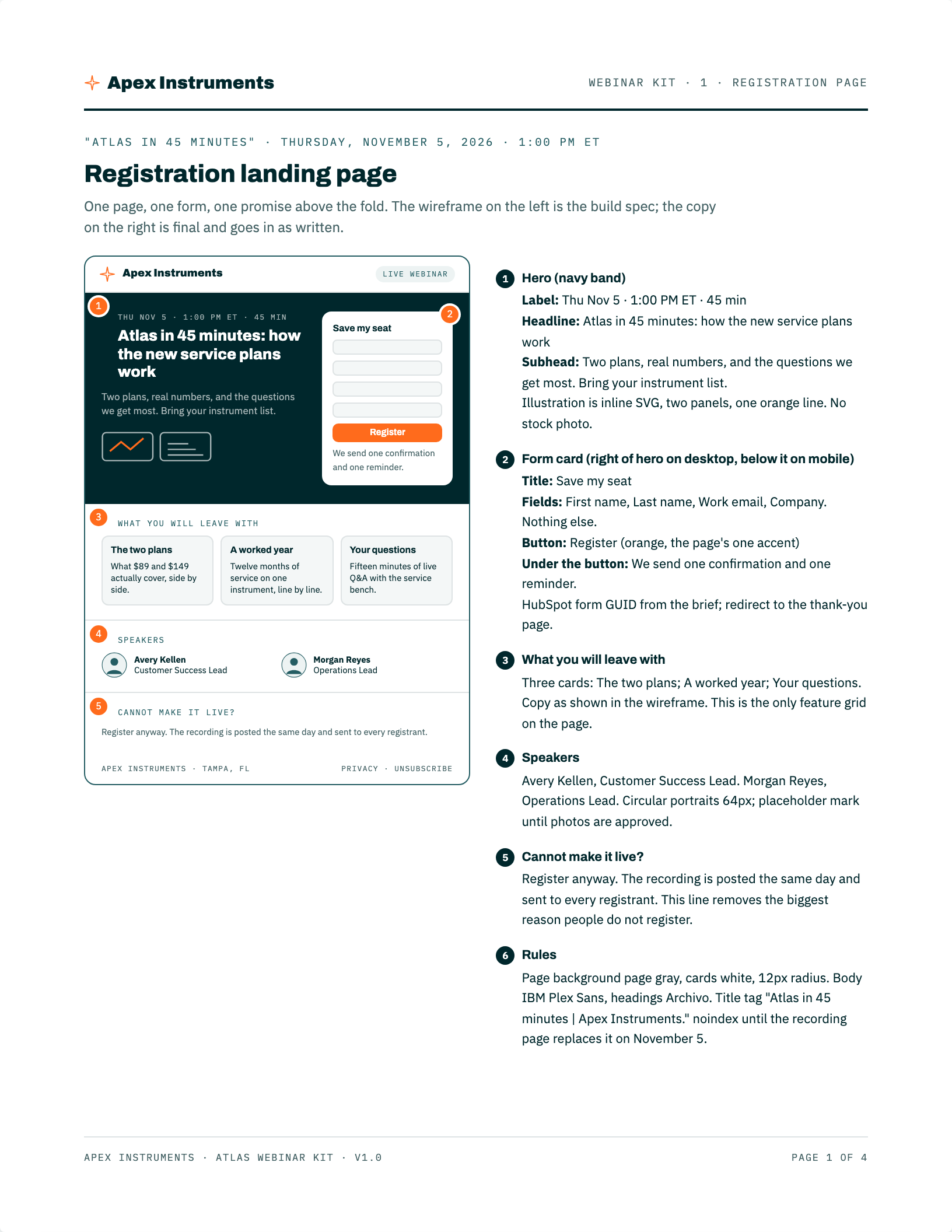 Webinar kit (landing wireframe, emails, run of show), first page