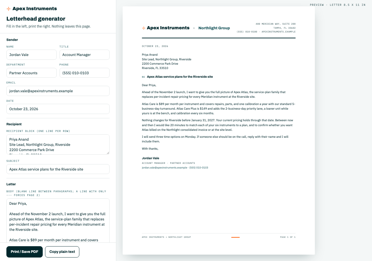 Letterhead generator, first page