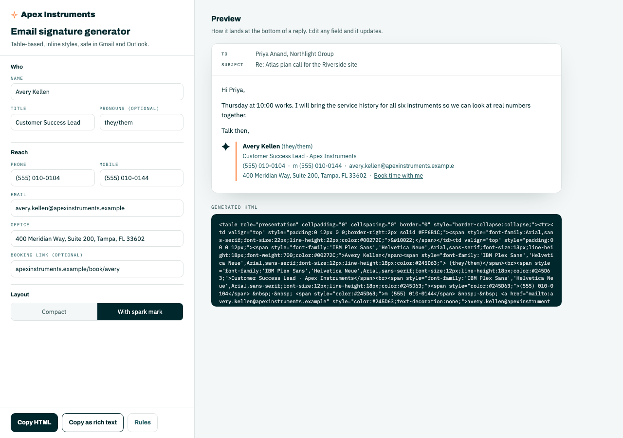 Email signature generator, first page