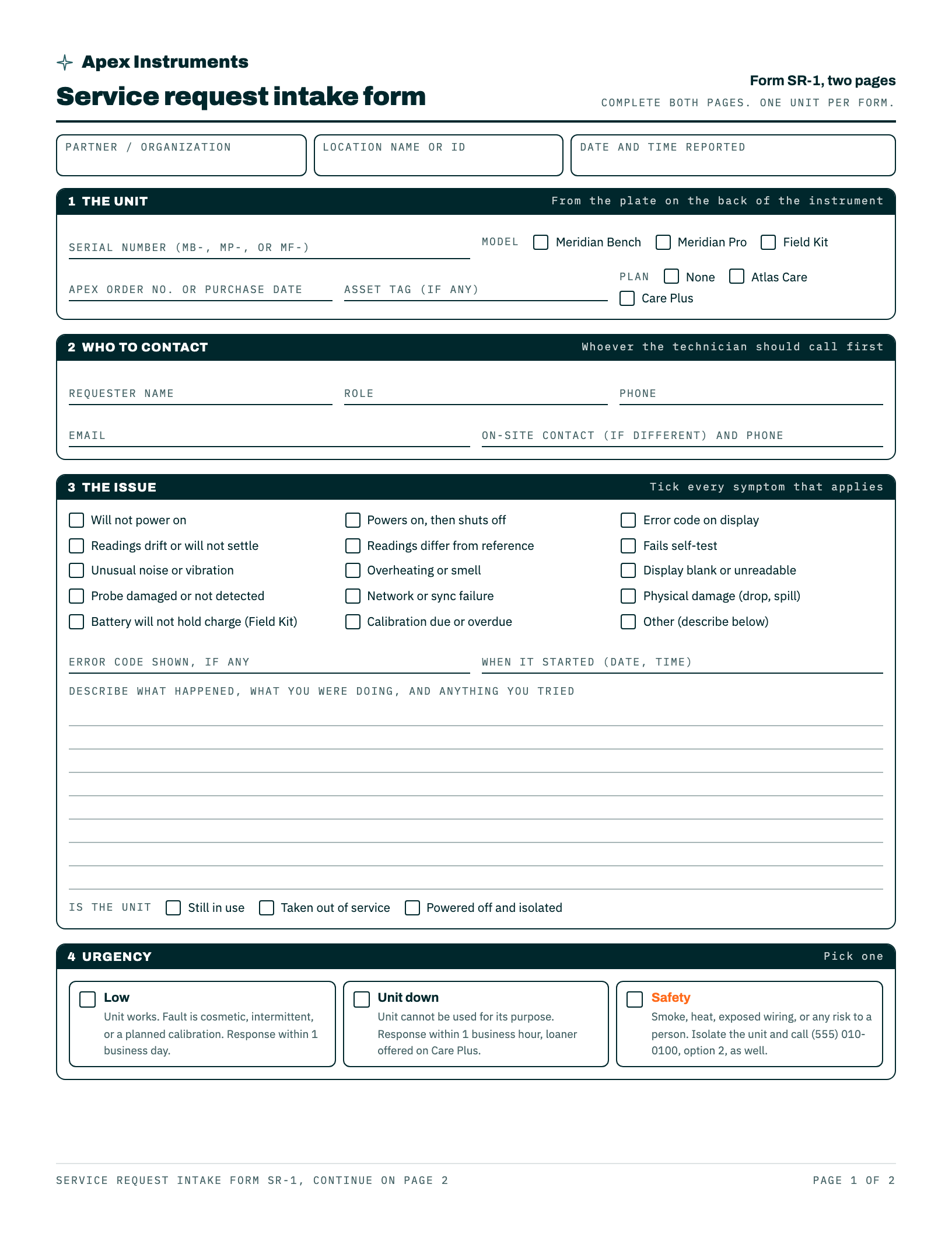 Service request intake form, first page