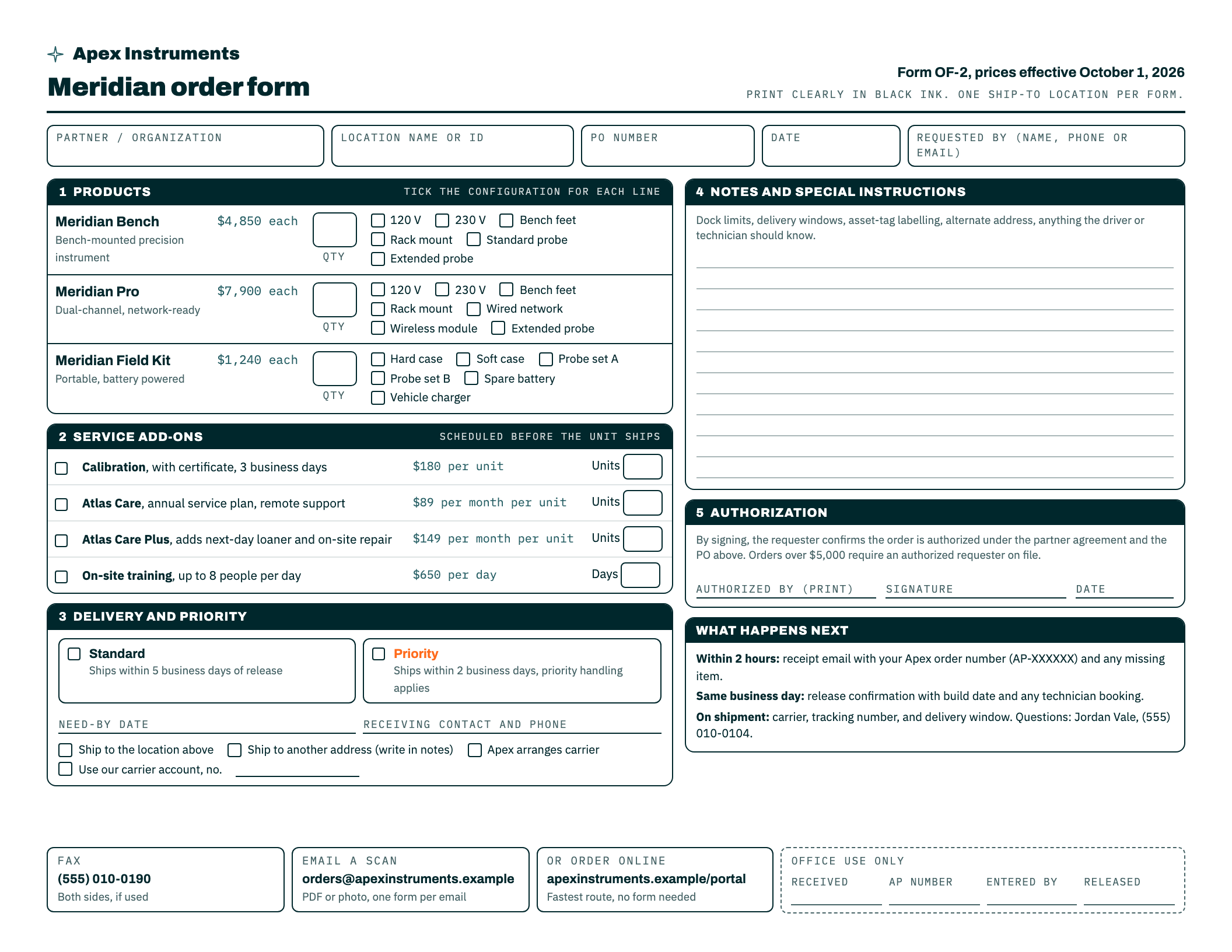 Meridian order form (landscape), first page