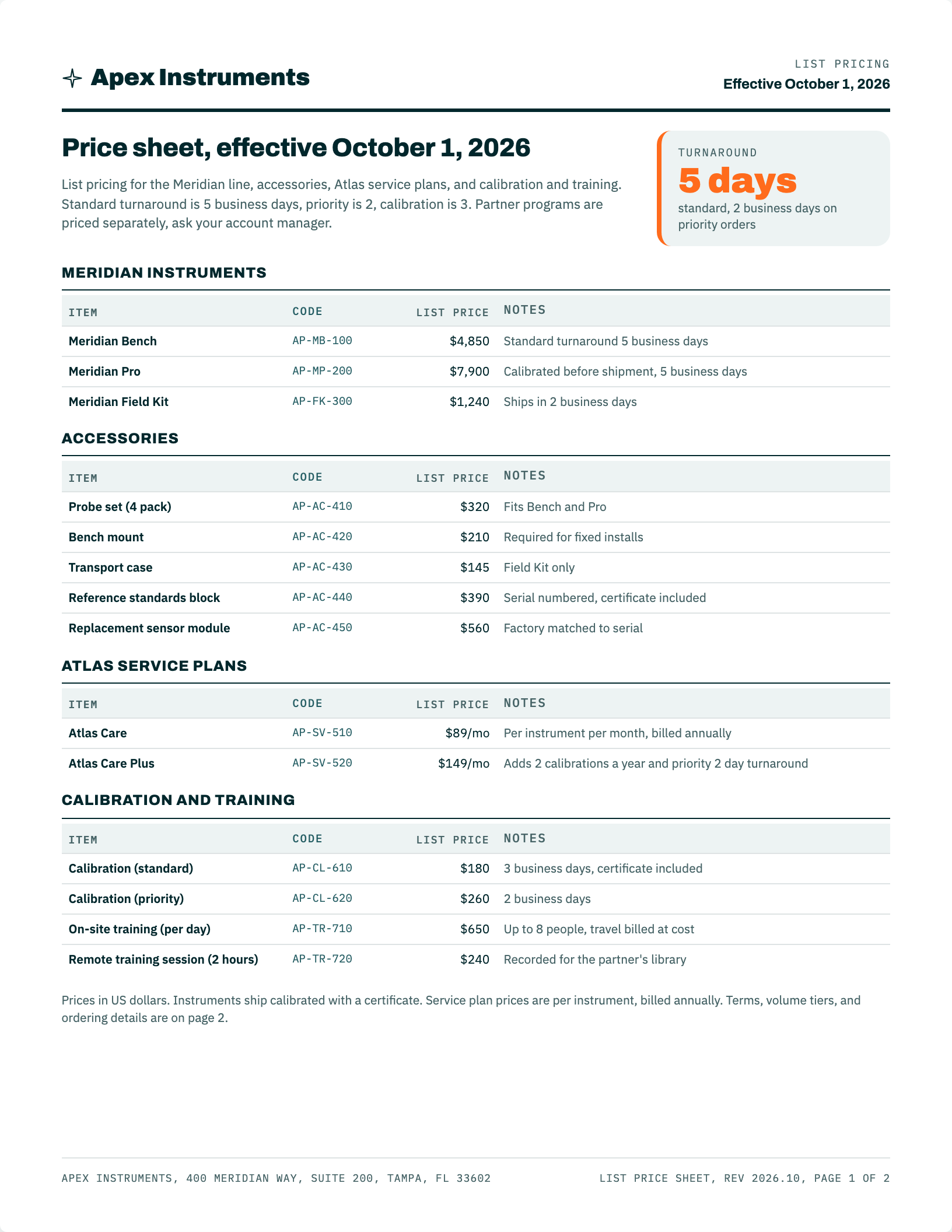 General price sheet (list price only), first page