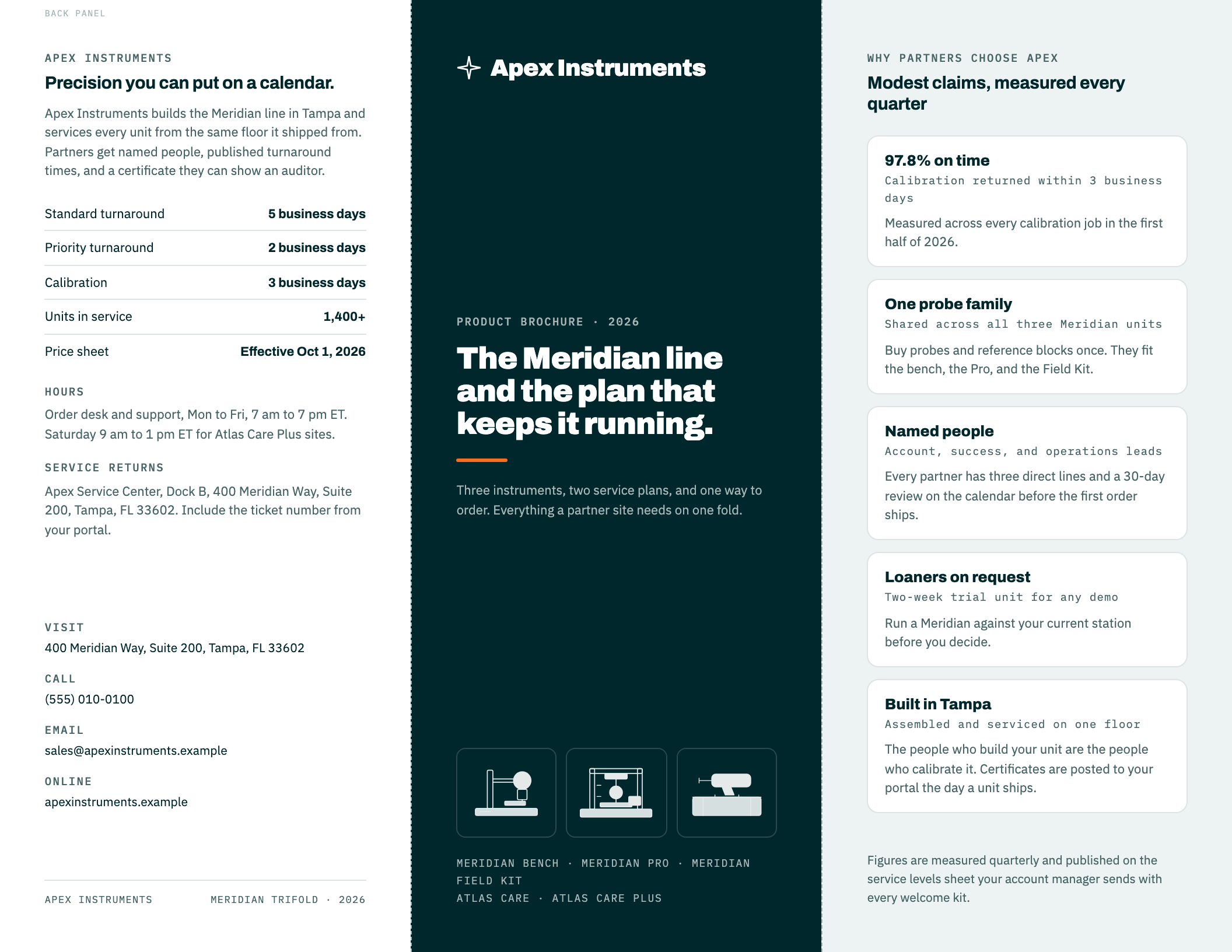 Meridian trifold brochure (outside and inside), first page