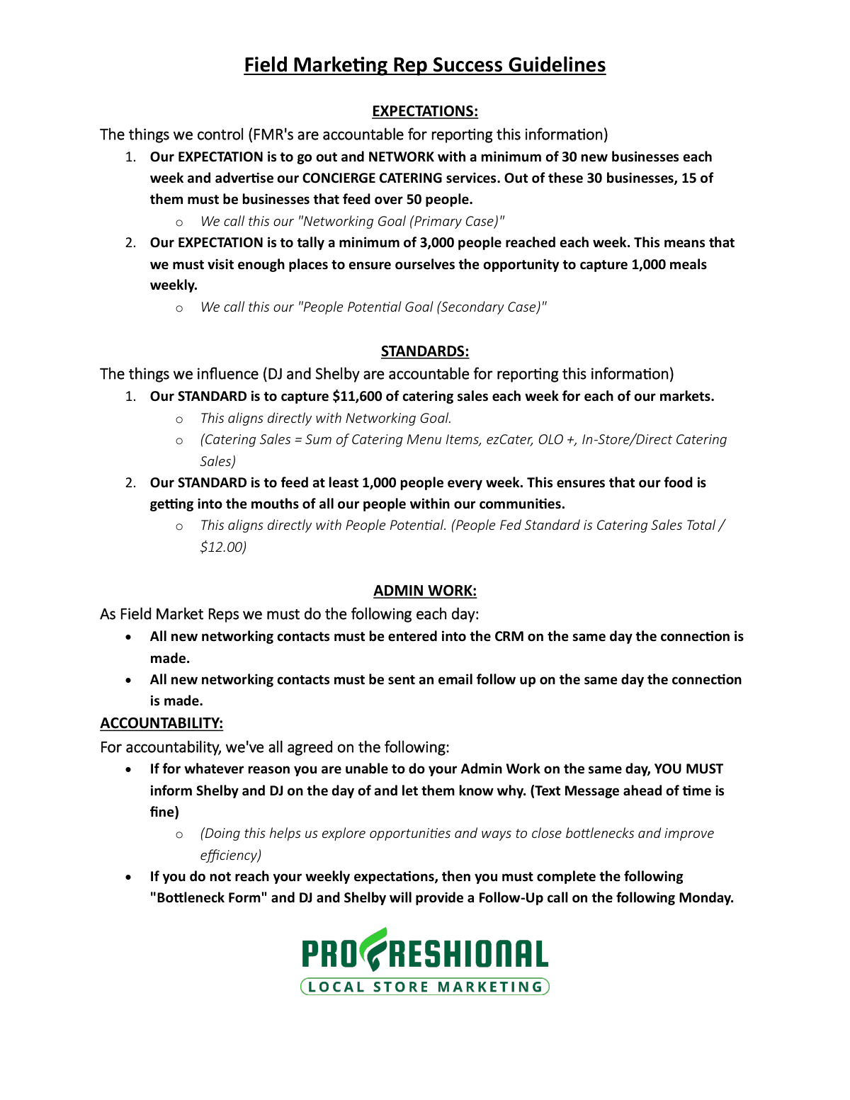 Field Marketing Rep Success Guidelines, first page